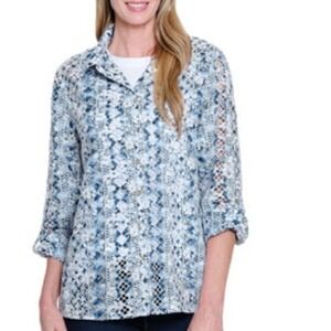 John Mark NWT Blue & White Batik Eyelet Lace Button Down Shirt Womens Size Large